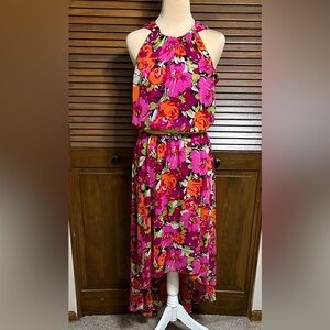 MSK Vibrant Pink Orange Green Floral Halter Style Hi-Lo Maxi Dress Size S